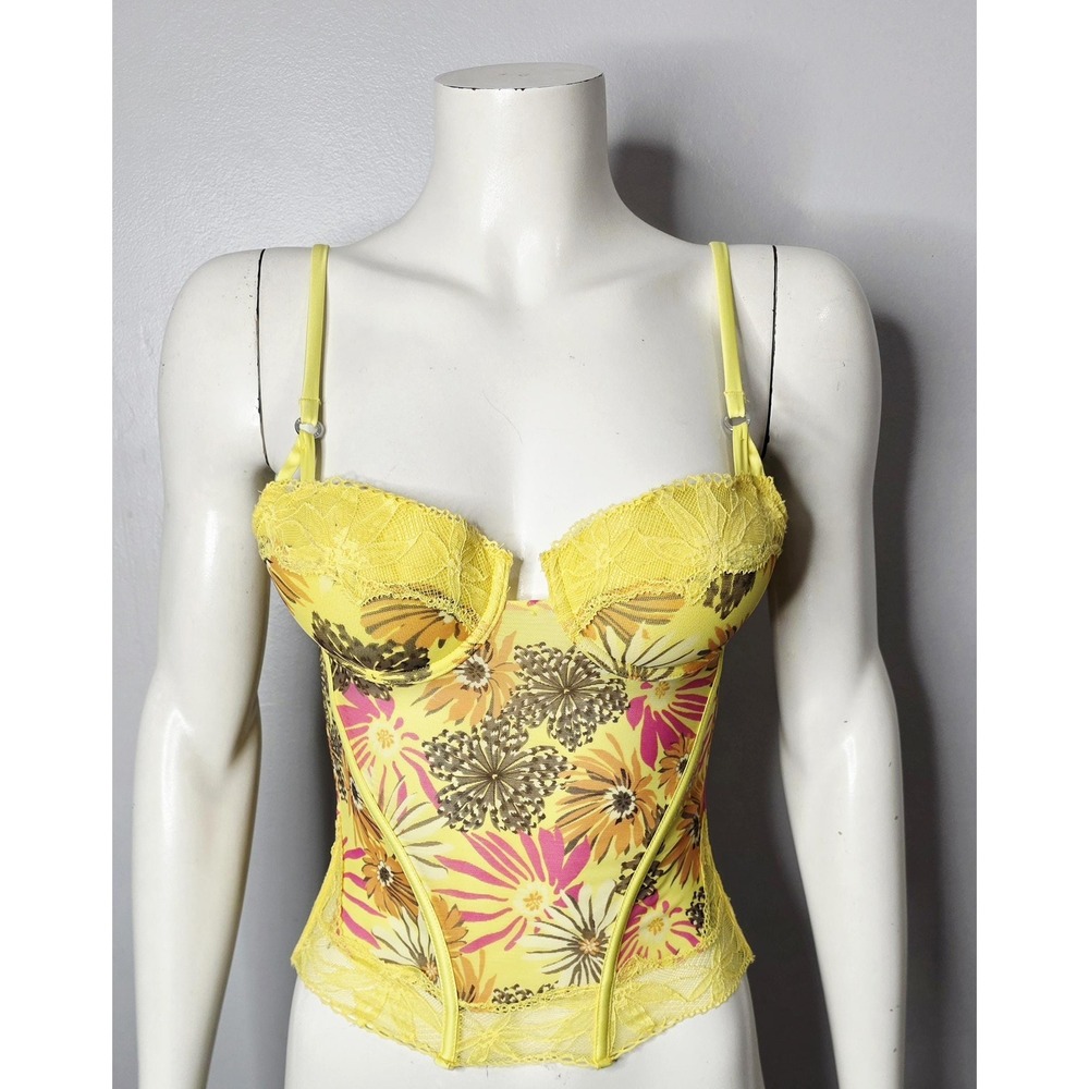 Vintage Y2K Yellow and Pink Floral Lace Corset Bustier